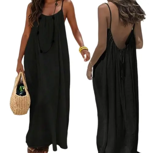 Women's Elegant Knitted Backless Cami Maxi Dress - Solid, Lightweight, Adjustable Spaghetti Straps, Comfortable, Stylish Casual Wear, Long Length for Summer Nightwear, Evening Loungewear | Women's Sleepwear Dresses