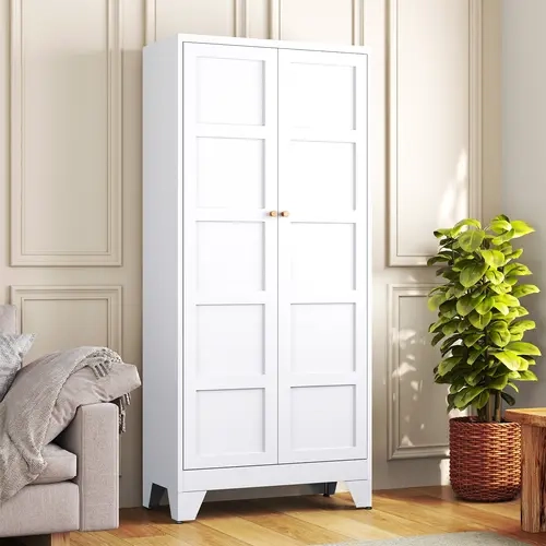 Letaya Freestanding Cupboard - 72 in Cold-Rolled Solid Metal Storage Furniture, Sturdy Waterproof Floor Unit, Reinforced Frame, 2 Dustproof Doors, 4 Adjustable Shelves, Scratch-Resistant Coat, Easy Setup for Kitchen, Warehouse, Room Storage (Black/White)