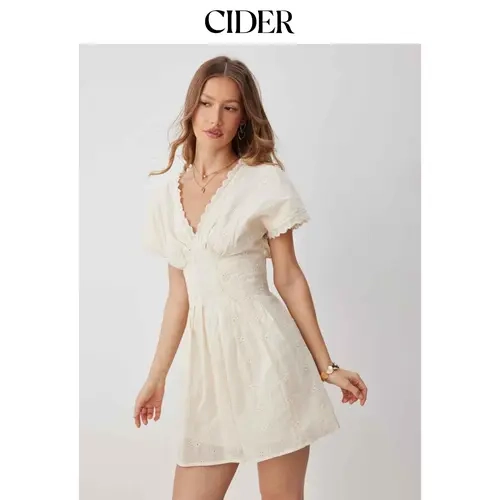 Cider Cotton V-neck Batwing Sleeve Eyelet Flared Mini Dress