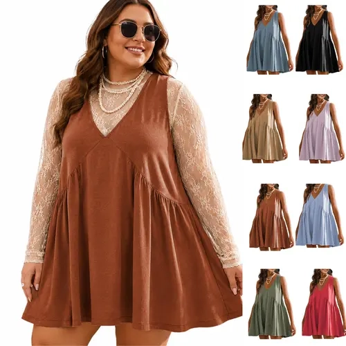 SCUSTY Plus Size L-XXXXL Women's V-Neck Sleeveless Tank Mini Dress Casual Loose A-Line Short Sundress with Side Pockets