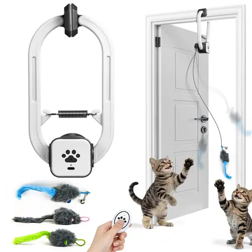 Remote-Controlled Electric Cat Teaser Toy Kit - 1 Remote, Rechargeable Shelf-Edge Clip Sturdy Materials, Adjustable 3 Cord Lengths, 2 Modes (360° Rotation, Irregular Bounce), 3 Plush Toys for Varied Play, Worry-Free Kitty Engagement & Stress Relief Gift