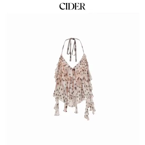Cider Chiffon Leopard Print Halter Neck Ruffled Knotted Crop Blouse