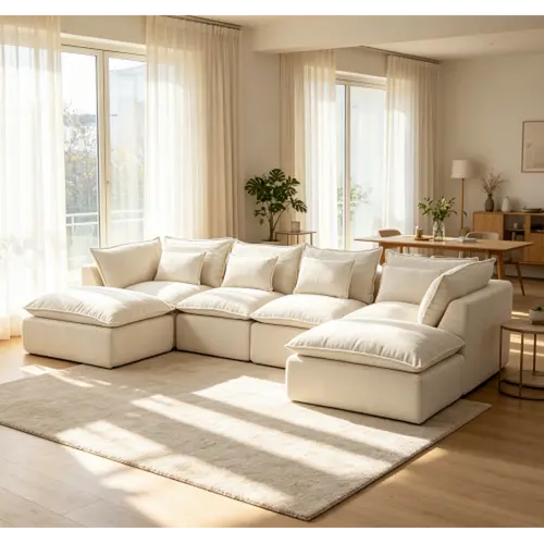 Niccae Chenille Fluffy Sofa - 130.7-in 4-Seat Lounging Living Room Furniture, 4 Memory Foam Cloud-Cushioned Pieces with Movable Footrests, Fixed Arms, High-Resilience Foam, DIY Configurable Chic Set, Sub-2 Package, Assembly Required, Cozy and Comfortable