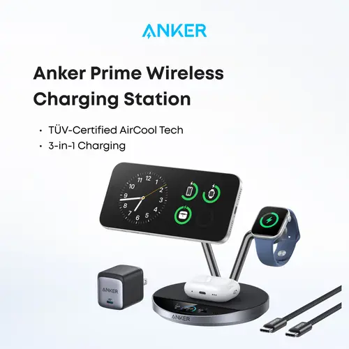 [Live Only]Anker Prime MagSafe Charger Compatible, 3-in-1 Charging Station, Qi2 25W Certified Wireless Charger Dock Stand, Smart Display with TEC Active Cooling, for iPhone 17, Apple Watch, AirPods, and More