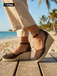 Women's Crochet Lace Woven Wedge Sandals, Casual Bohemian Trendy Sandals, Breathable Knit Upper, Adjustable Ankle Strap Comfortable Thick Sole Strappy Summer Boho Style Sandals for Beach Vacation
