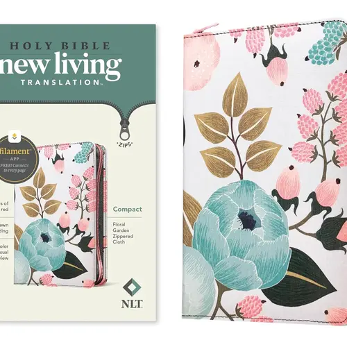 NLT Compact Zippered Holy Bible for Young Adults - English, 1,500+ Devotions, 25,000+ Study Notes, Filament Enabled, Cloth Cover, Floral Garden Design, Red Letter Jesus Words, Trade Paperback, Bible App Compatible, Music Library Access, Portable