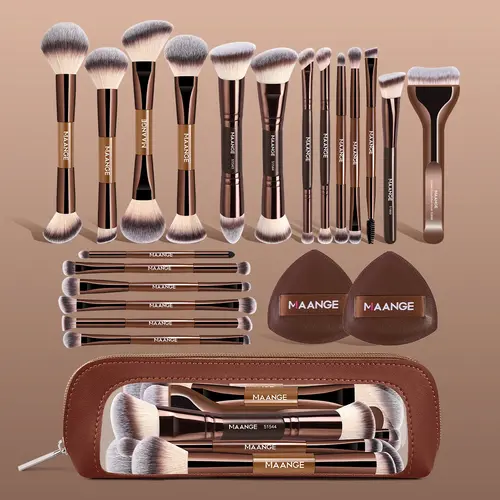 MAANGE 22-Piece Makeup Brush Set Including 19 Brushes, 2 Powder Puffs and Storage Bag, Foundation, Blush, Eyeshadow, Blending, Face Makeup Brushes and Essential Brushes, Makeup Tools Kit