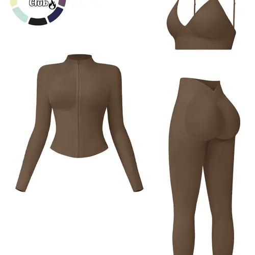 Women's Sporty Solid Color Set, Tightening Butt Lifting Tummy Control Three-Piece Set, Matching Workout Set, Activewear Workout Set, Gym Outfits, Casual Fall & Winter Wear, Below the Knee Length