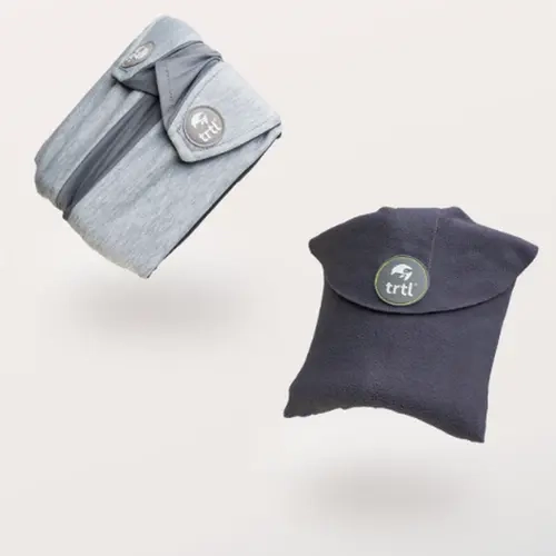 Trtl Double Comfort Travel Neck Cushion Bundle - 2 Ergonomic Neck Pain Relief Cushions (Original Gray, Plus Charcoal Soft Fleece), Machine Washable, Packable Carrying Bag, Free Passport Holder for Travel Essentials