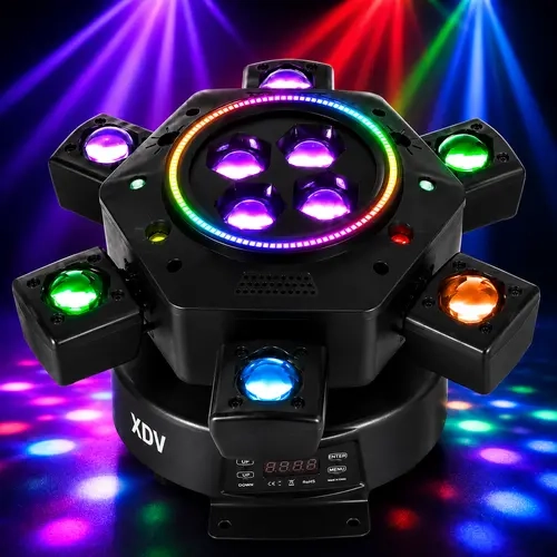 XDV 150W 6-Arm Moving Head RGB LED Light - Digital Door-Mounted Decoration with Strobe, Music Sync Lights, RGB Changing, Sound Activation for Man Caves, Backyard Raves