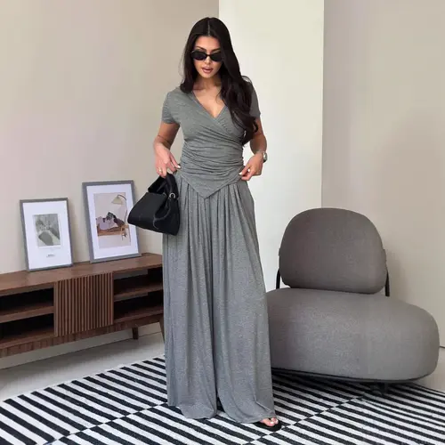 LikeMychoice Lady's 2-Piece Clothes Set - V-Neck Wrap Ruched Top, High-Waist Wide Leg Pants, Breathable Basic Minimalist Heather Grey Casual Women's Suit