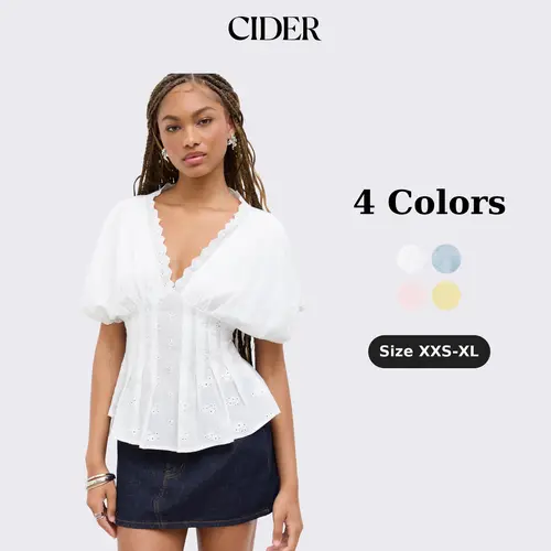 Cider Vintage Broderie Anglaise Blouse for Casual Daily, Elegant Cotton Pleated Tops, Sheer Fabric, Camisole Recommended, Ladies Shirred Shirt, Retro Vacation Outfits, Lady Tops