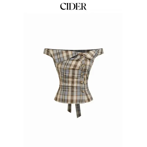 Cider Napoleonic Core Plaid Asymmetrical Neck Ruched Short Sleeve Blouse Napoleon