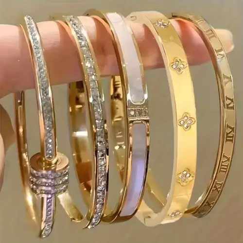 5-Piece Waterproof Titanium Steel Bracelet Set, Rhinestone Design, 18K Gold Plated, Versatile Bracelet, Unisex Elegant Jewelry, Stackable Bracelets, Fashion Bracelet