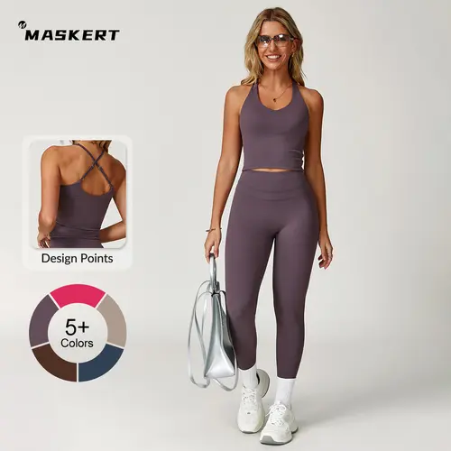 MASKERT Women's 2-Piece Athleisure Set - High-Stretch Tummy Control Leggings, Workout Wear Yoga Tank Top - Seamless Summer Running Gym Fitness Outfits