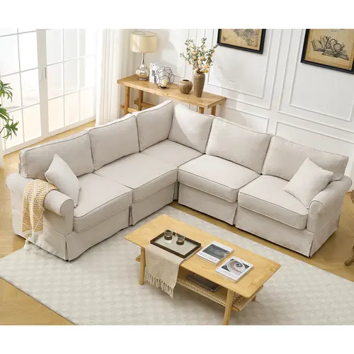 Niccae Classic 5-Seat Modular Convertible Reversible L-Shaped Upholstered Corner Sofa Set - Rolled Arms, Soft Linen Fabric, Dark Gray, High-Density Foam, Inner-Spring Cushion, 300 lbs Capacity, 94x94x36.5", for Living Room, Apartments, Sturdy