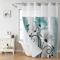 【DealsForYouDays】Cyan No Hooks Double-layer Shower Curtain, Daisy Printed Waterproof Fabric, Retro Country Style Home Decoration, Hotel, Dormitory and Bathroom Accessories, 72x75in