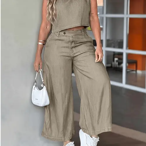 Women's Sleeveless Round Neck Vest & Wide Leg Pants Set, Top, Summer Casual Breathable Chic Comfort, Daily Wear, Everyday, Perfect Choice for Spring & Summer, Summer Sets, Womenswear
