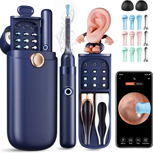 Smart visual earwax removal device with 12 interchangeable attachments, HD ear camera cleaning set, professional portable ear cleaner for children and adults, compatible with iOS & Android