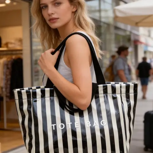 New Black White Striped Tote Bag Women Shiny Stylish Bag Waterproof Large Capacity Durable Versatile Commute Street Shoulder Bag Simple Elegant Daily All Occasions Casual Trendy Bag Fashionable Patterned Bag Trendy Commuting Bag Fashionable Bags
