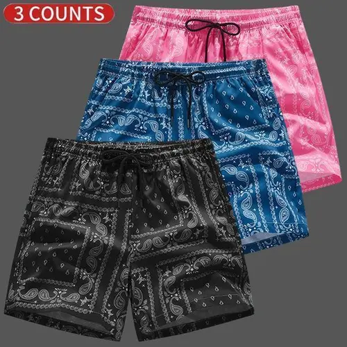 Men's 3-Pack Paisley Drawstring Shorts - Fitted Cut, Active Clothes, Elastic Waistband, Pocketed, Breathable, Casual Sports Style for Summer Everyday Wear, Spring Essential