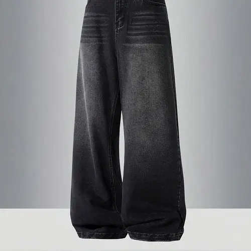Men’s casual wide-leg jeans, loose fit, mid-rise, regular length, zip fly casual styling | Comfortable, stylish street style