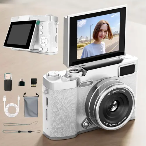 Flip Screen Retro Digital Camera for Teens, Cute Pocket Camera with Filters & Memory Card, Entry-Level Camera, Beginner Digital Camera, Digital Zoom, Perfect Gift for Christmas, Back to School & New Year