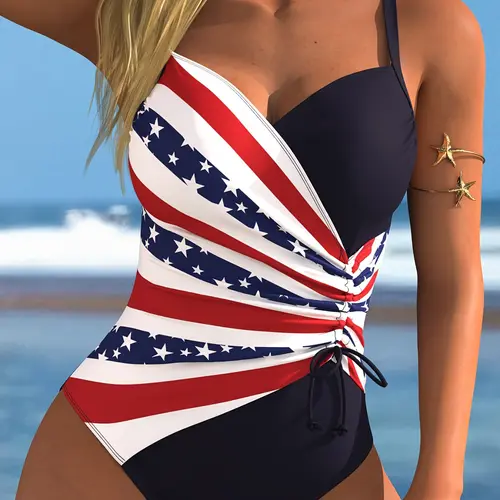 New Women's Fashion Star Print One-Piece Swimsuit, Summer Swimsuit, Drawstring Bathing Suits, Adjustable Side Drawstring Design, Sexy Elegant Slim-Fit Swimwear, Swimming Bathing Suit