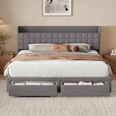 Upholstered Platform Bed Frame with Storage, Full Size Bed Frame with 2 Metal Baskets & Fabric Headboard, Wooden Slats Support, No Box Spring Needed, Easy Assembly, Bedroom Furniture