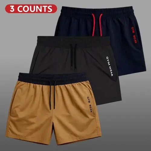 Men's Woven Elastic Waist Shorts Set (3 Packs) - Plain Solid Color, Drawstring, Deep Fitted Cut Pockets, Above the Knee, Breathable Athleisure Bottoms for Summer Daily Wear, Gym Use