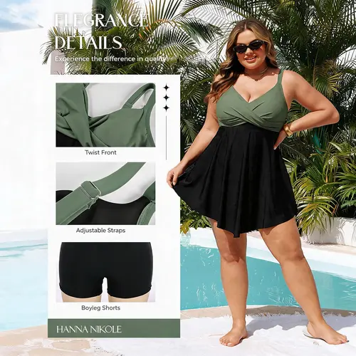 Hanna Nikole Women's Solid Extended Size 1-Piece Swim Dress - High Waisted Tummy Control, Twist Front, Curvy-Friendly, Elastane Modest Swimming Wear, Beach Bathing Suit Dress