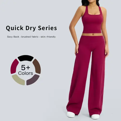 Tenwolf Female 2-Piece All Seasons Solid Color Sleeveless Cropped Tank Top & Wide-Leg Below the Ankle Pants Workout Set, Comfortable Breathable Run-Ready Sportswear for Yoga/Running, Cold Wash Compatible