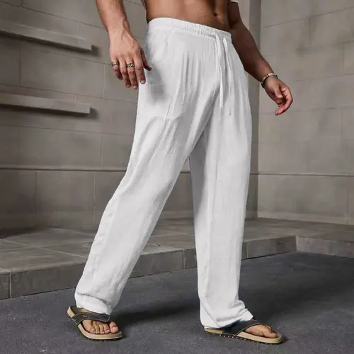 Men’s Summer Lightweight 100% Polyester Cozy Pants - Adjustable Loose Fit Style, Retro, Casual, Tie Design, Minimalist, Breathable, Indoor/Outdoor Menswear