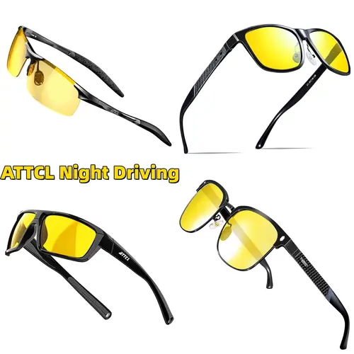 ATTCL Men's Anti Glare Polarized Driving Sunglasses - Rimless, UV400 Protection, Yellow TAC HD Lenses, 25g Aluminum-Alloy Frame, Adjustable Nose Pads, 20% Glare Filter, Dawn/Night Use, Gift Box w/Microfiber Cloth & Polarization Test Card