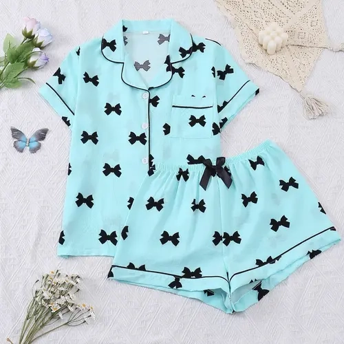 Women's Bow Tie Printed Shirt & Shorts Pajama Set Pjs, Matching Pj Set, Casual Comfortable Short Sleeve Sleepwear, Summer Ladies Loungewear, Casual Comfy Pyjama