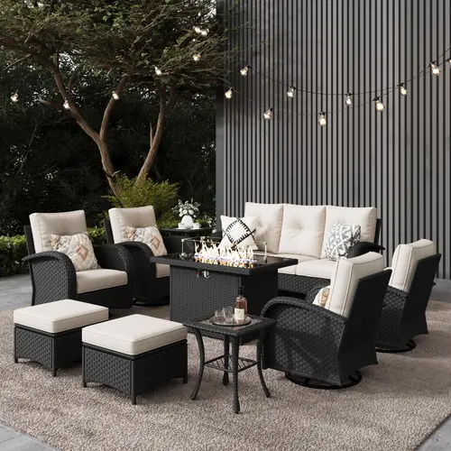 LayinSun 10 Pieces Outdoor Patio Furniture Set with Fire Pit Table, Rattan Wicker Sectional Swivel Rocker Chairs Set, Multiple Packages summervibes