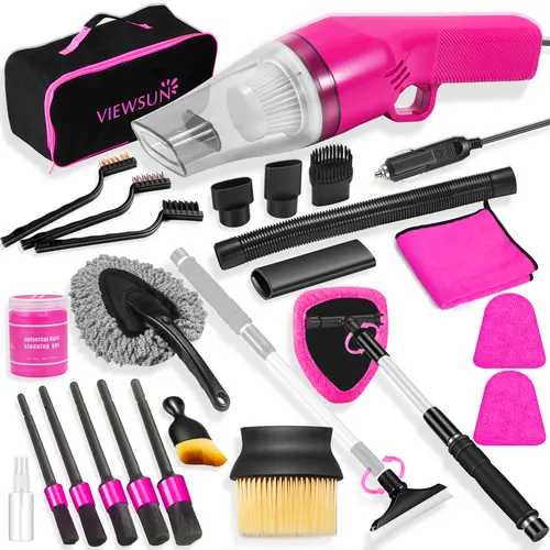 Viewsun 17PCS Women's Car Interior Care Kit - 7500Pa Hair Pickup Vacuum, Detailing Brushes, 180° Glass Reach Cleaner, Cleaning Gel, 10-Foot Power Cord, Dust Removal Accessories - Ideal for Friends, Birthday Gifts