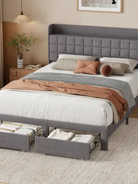 Upholstered Platform Bed Frame with 2 Large Storage Drawers and Wingback Headboard, Linen Fabric, No Box Spring Needed, Gray