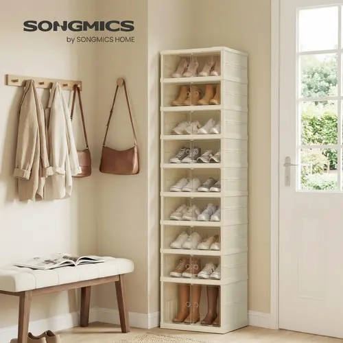 SONGMICS Foldble Shoe Storage Organizer for Closet, Stackable Sneaker Cabinet with Magnetic Door, Large Plastic Container Bins for Living Room, Entryway