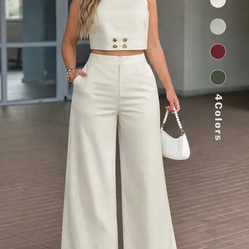 TikTok Viral Spring Summer Womenswear Clothes Two Piece Set for Women, Cropped Sleeveless Top and High Waist Wide Leg Pants, Chic Minimal Casual Outfit for Vacation, Brunch and Day to Night Wear
