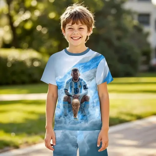 High AURAAA! This Sigma 3D set is a total visual bomb. Boys' Blue Football Player 3D Set, Short Sleeve Shorts Two-Piece, Casual Outdoor Sports, Birthday Gift, Holiday Present, Outfits Set