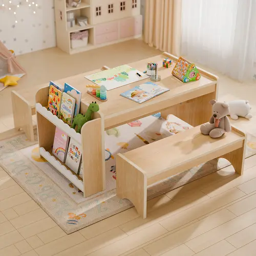 Topwin Montessori Group-Ready Kids Table and Chair Set - Nursery Home Desk, Large Top, Side Toy-Sorting Shelves, Double-Shelf Tidy, Waterproof Surface, Smooth Finish, Quick Assembly Indoor Toddler Furniture (Develops Tidying Habits, Montessori-Group Size)