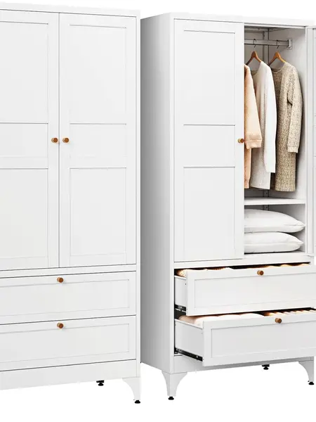 Letaya 71" Tall Waterproof Metal Steel Freestanding Wardrobe Closet - Apartment Furniture for Small Spaces, Apartment Stuff, with Hanging Rod, 2 Drawers, Adjustable Shelves, Doors, Compartmentalized Storage for Bedroom Clothes, Closet Organization