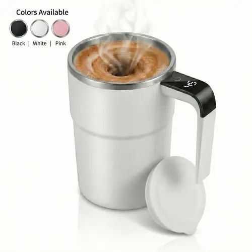 380ml (14oz) Stainless Steel Auto-Stirring Smart Reusable Coffee Mug - USB Rechargeable, LCD Temp Display, BPA-Free Spill-Proof Lid, Portable ABS Beverage Mug, No Heating Function, On-the-Go Drink Kitchenware for Adults