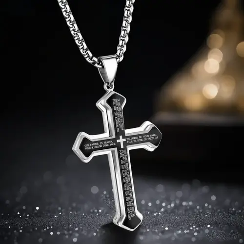 Men's Engraved Bible Verse Cross Pendant Rust-Proof Stainless Steel Religious Jewelry Perfect for Gifting & Personal Style,summeroutfits,vacationoutfits,beachoutfits