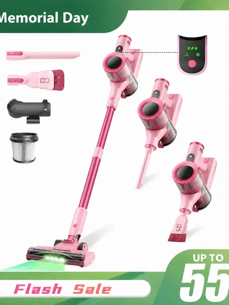 [WeeklyDeals] S2 Cordless Vacuum Cleaner, 350W Brushless Motor for Powerful Suction, 55-Min Runtime, 8-in-1 Self-Standing Stick SummerWins with Green LED, Anti-Tangle Rechargeable Vacuum for Floors, Carpets, Tiles, Pet Hair & Car
