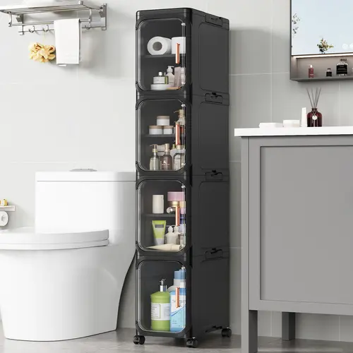 BROVIEW N9 Slim Foldable Plastic Bathroom Pantry Cabinet - 3-Tier/4-Tier Sturdy Waterproof Cupboard, Narrow Adhesive Doors, 7.87" Profile, Fold Flat in Secs, 5 Mins Easy Assembly, Adjustable Shelf Gaps, Easy Movement for Small Spaces