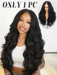 【Black Friday】Yaki Curly Wig, 26-Inch Synthetic Half Wig, Glueless U Part Wig with Flip Curls, Curly Half Wigs for Black Women, Daily Party Use (Natural Black)