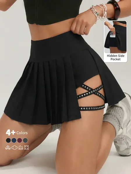 Women's Pleated Skort with Hidden Pockets, Casual 2-in-1 Short Skort for Gym, Workout Skirts and Outdoor Sports, Tennis Golf Skorts, Solid Pocket Skorts, Sport Preppy Style, Stretchy Skorts