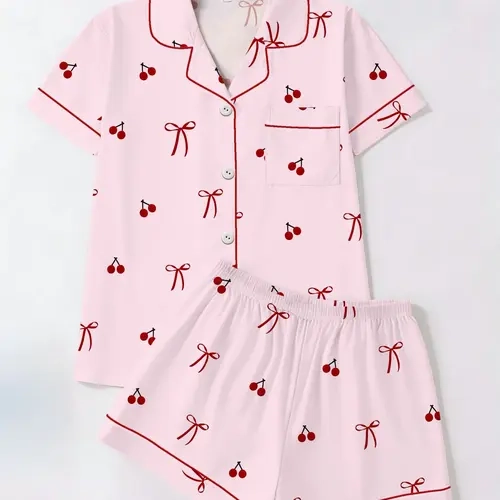 Women's Cherry Bow Printed Sleepwear Set, Pajamas, Casual Fitted Short Sleeve Shorts & Cardigan, All Seasons Home Wear Two-Piece Suit